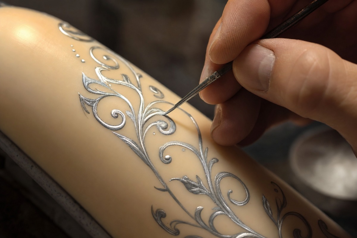 Peinture à la main d'un ornement argenté au pinceau fin, sur la surface d'une bougie