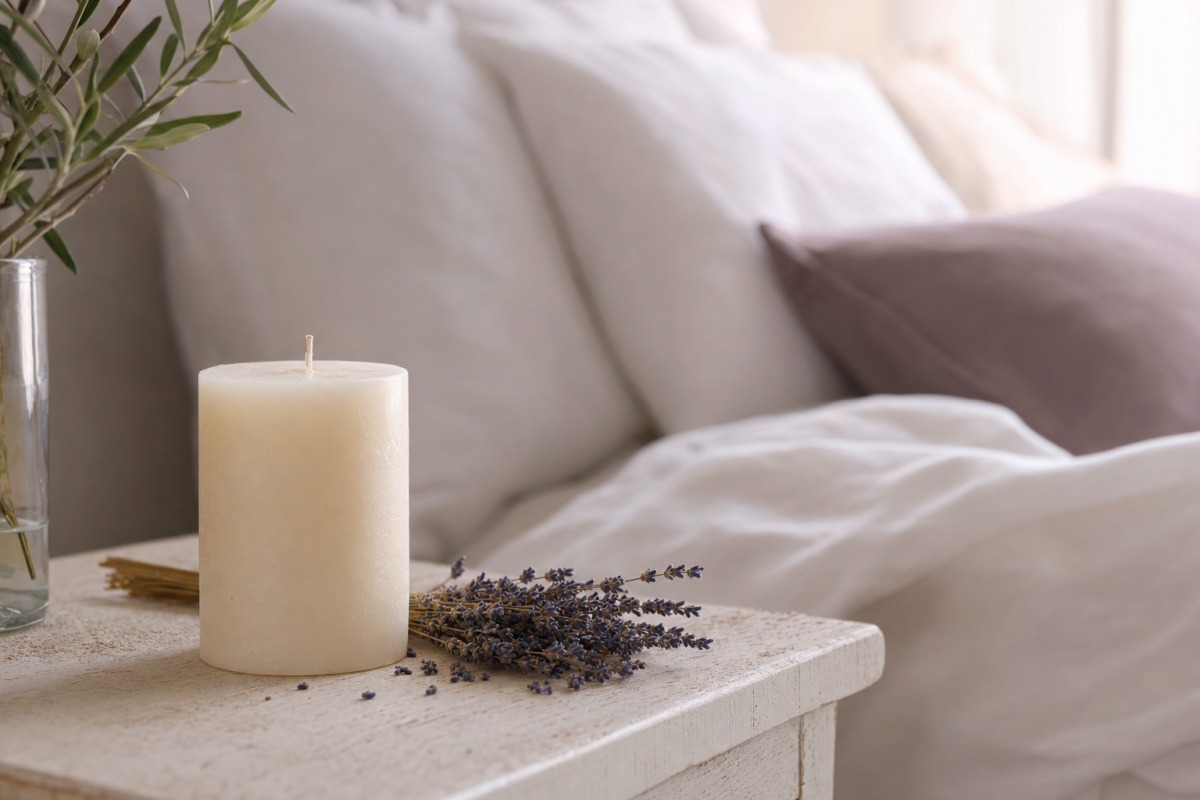 Délicate bougie florale à la lavande, sur la table de chevet d'une chambre
