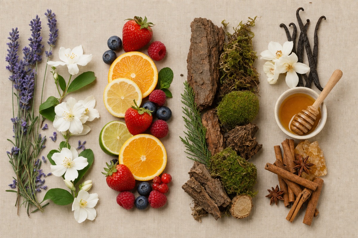 Quatre familles olfactives — florale, fruitée, boisée et sucrée — disposées côte à côte