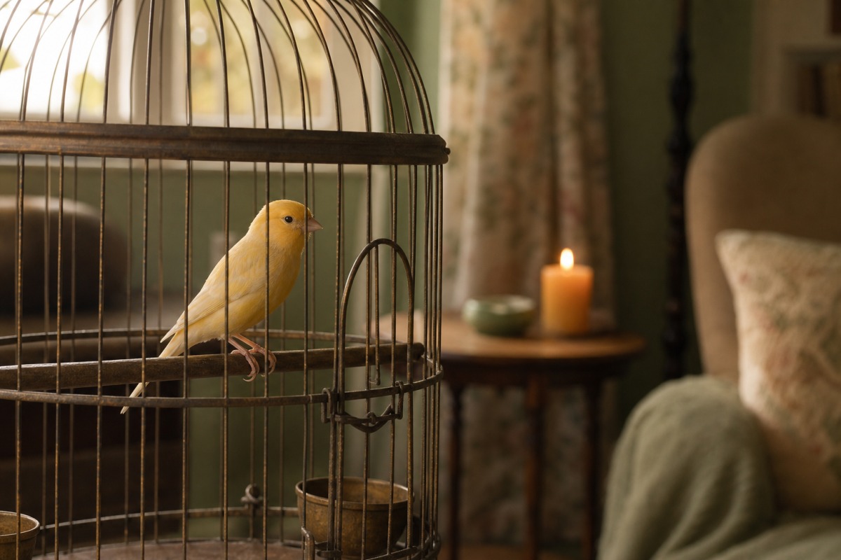 Canari jaune dans une cage, avec en arrière-plan flou une bougie allumée sur une table de salon