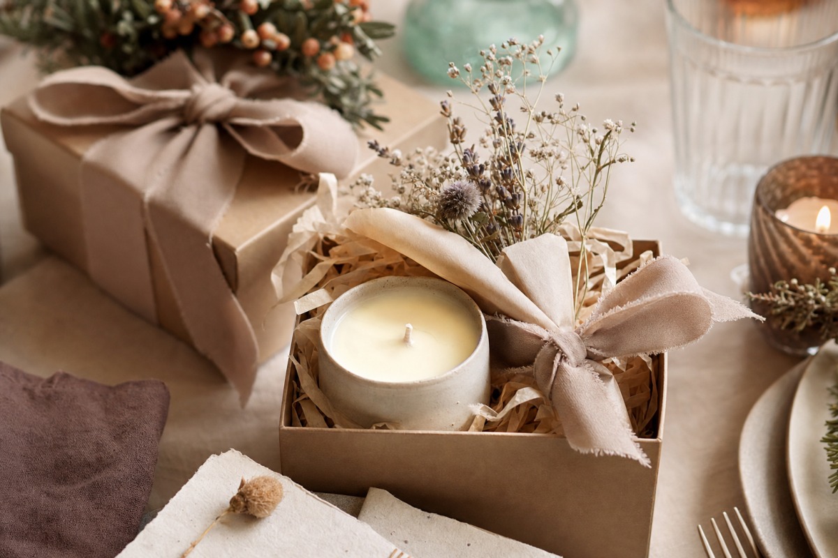 Bougie artisanale préparée comme cadeau sur une table de fête