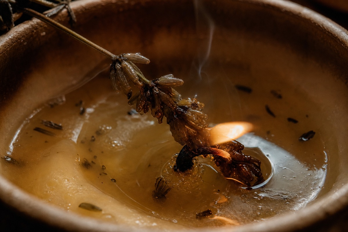 Épi de lavande séché imprégné de cire qui s'incline vers la mèche dans un bassin de cire fondue irrégulier