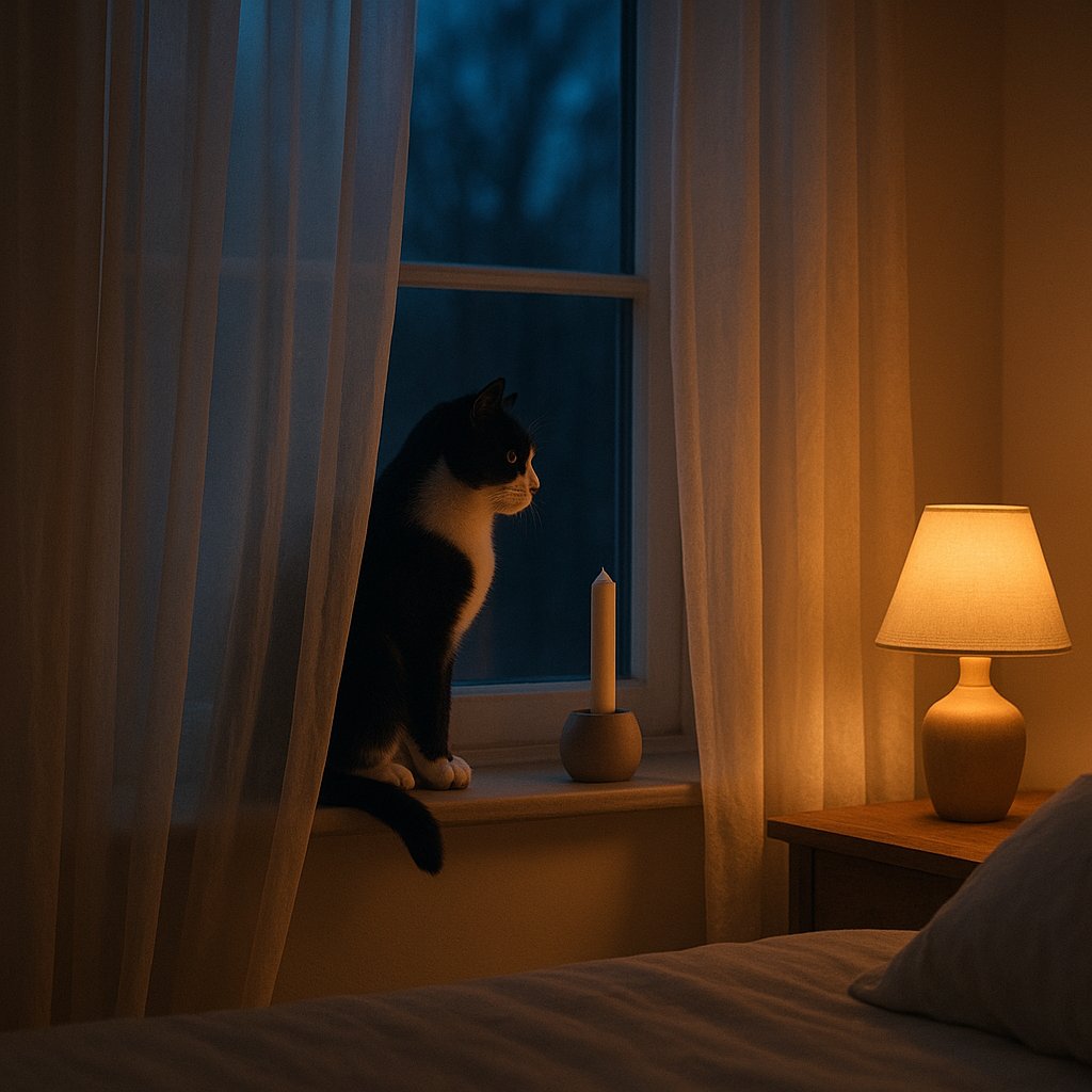 Chatte endormie sur une couverture en laine près de la fenêtre du salon avec une lumière matinale tamisée, bougie en arrière-plan sur une étagère haute à distance sécuritaire