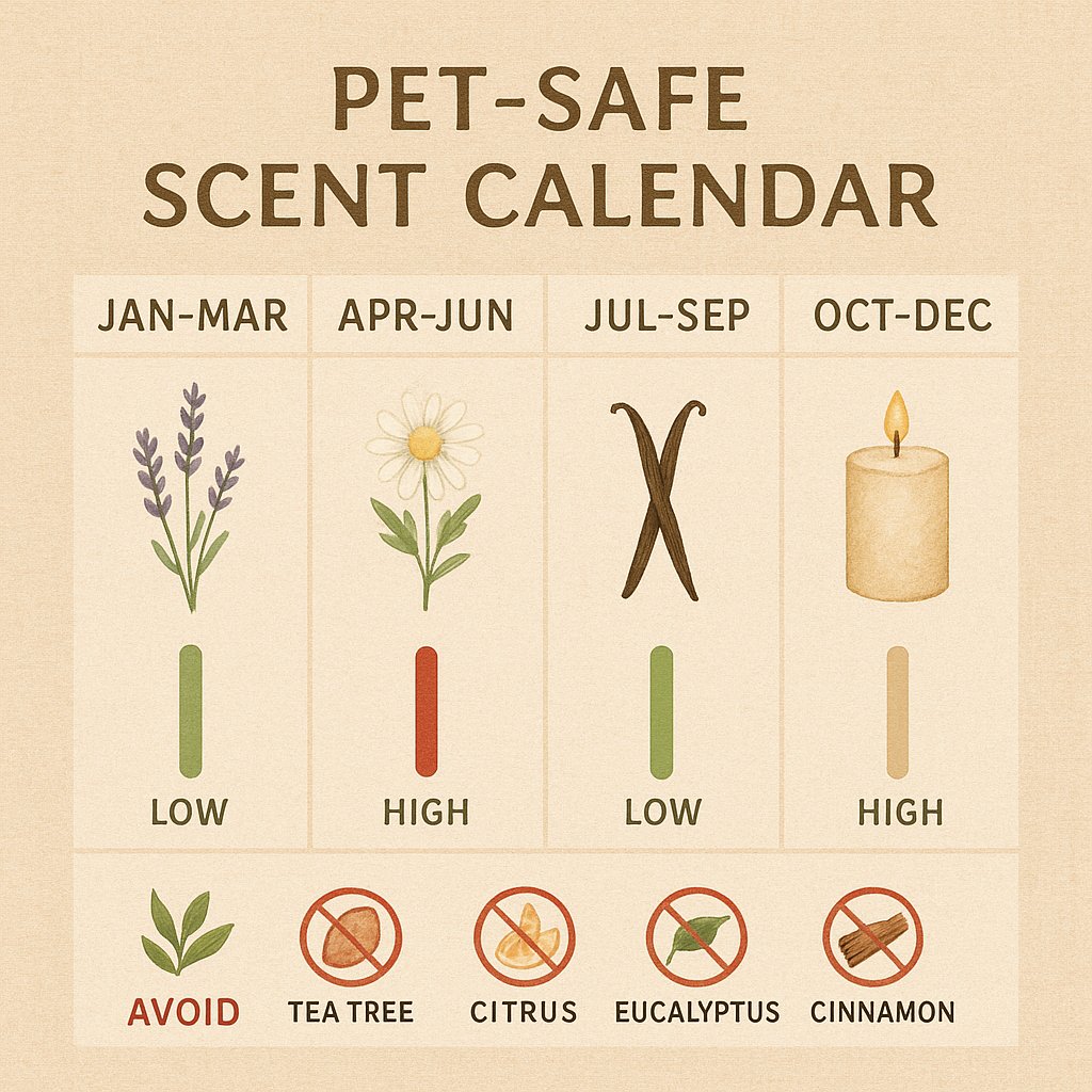 Calendrier trimestriel adapté aux animaux : 5 parfums sûrs et 4 huiles toxiques avec les saisons indiquées