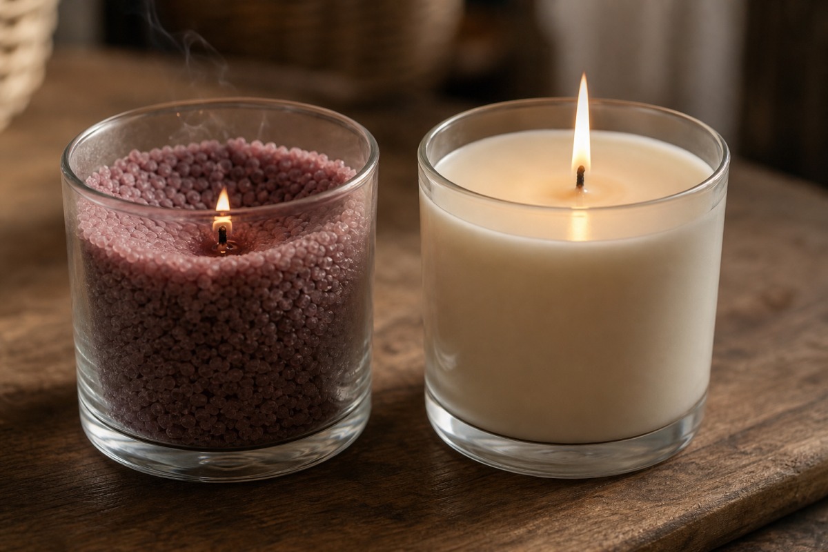Côte à côte, un verre avec des granulés de cire à la flamme faible et une bougie coulée en cire végétale à la flamme stable et au bassin de fonte uniforme.
