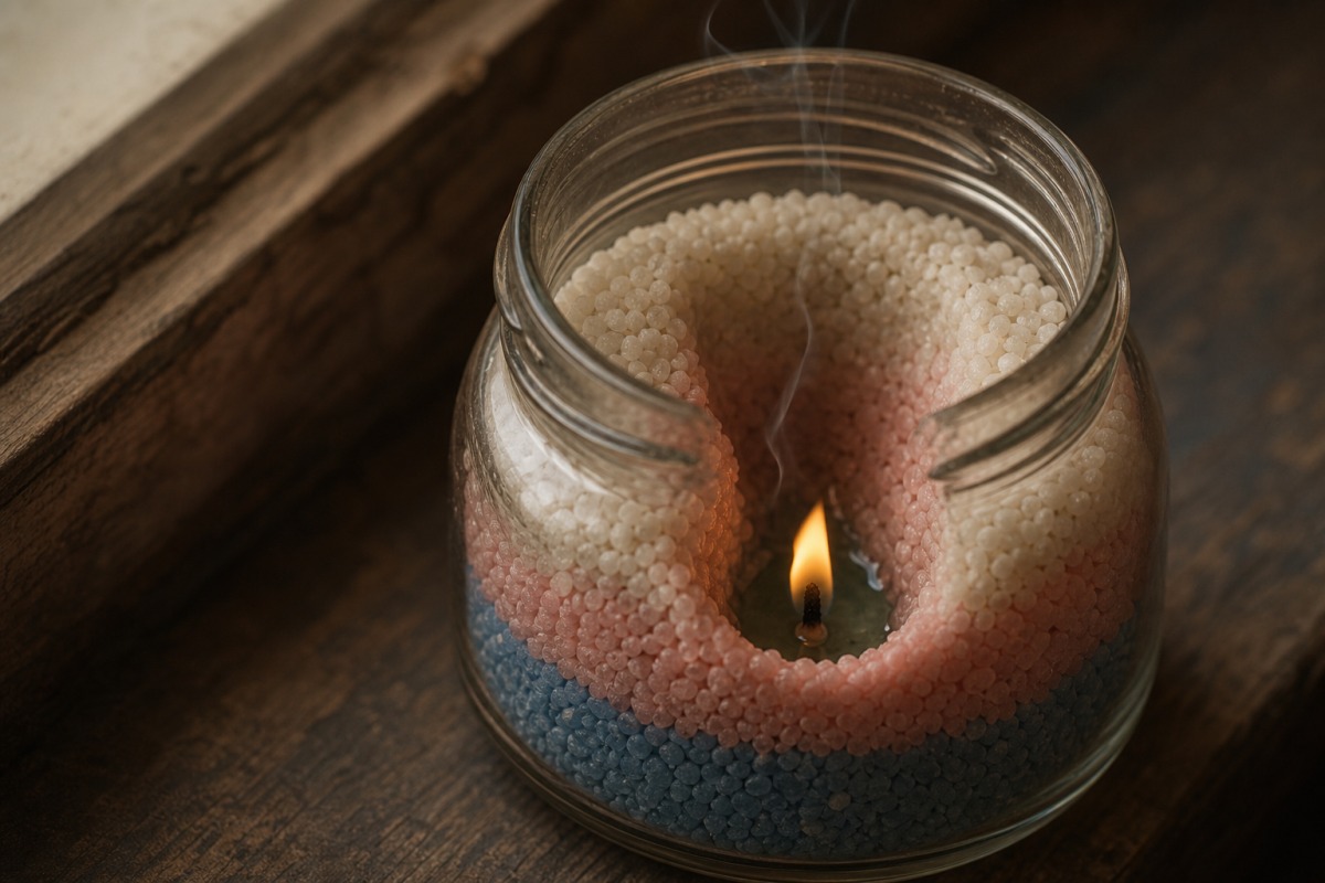 Vue de dessus d'un verre avec des couches de granulés de cire colorés, où la mèche noyée repose dans une étroite cavité en entonnoir tandis que les granulés autour sont restés intacts sur les parois.