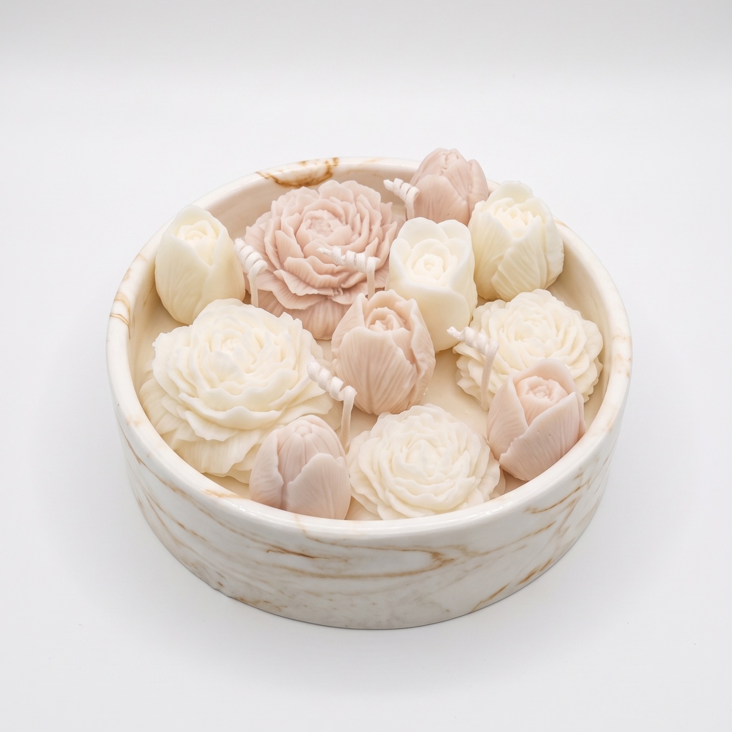 Bougie Marbre Fleuri - Blanche / Or / Citron Vert, Basilic, Mandarine