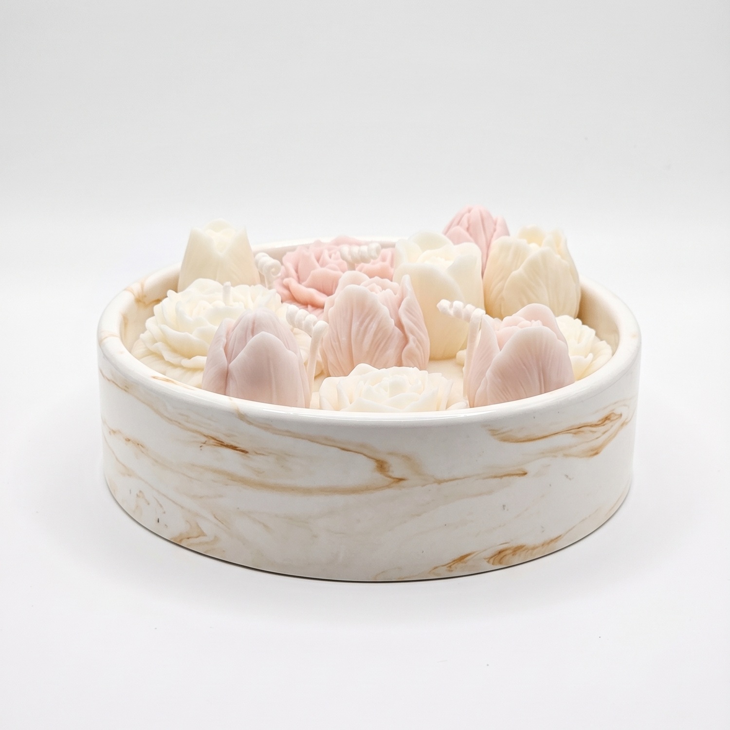 Bougie Marbre Fleuri - Blanche / Or / Citron Vert, Basilic, Mandarine