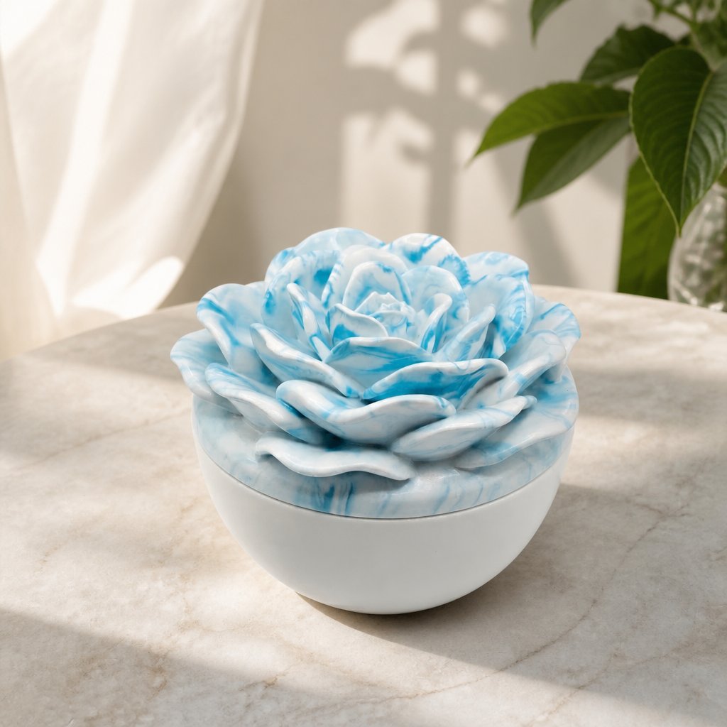 Bougie Marbre Fleur - Blanc / Turquoise / Myrtille, Vanille