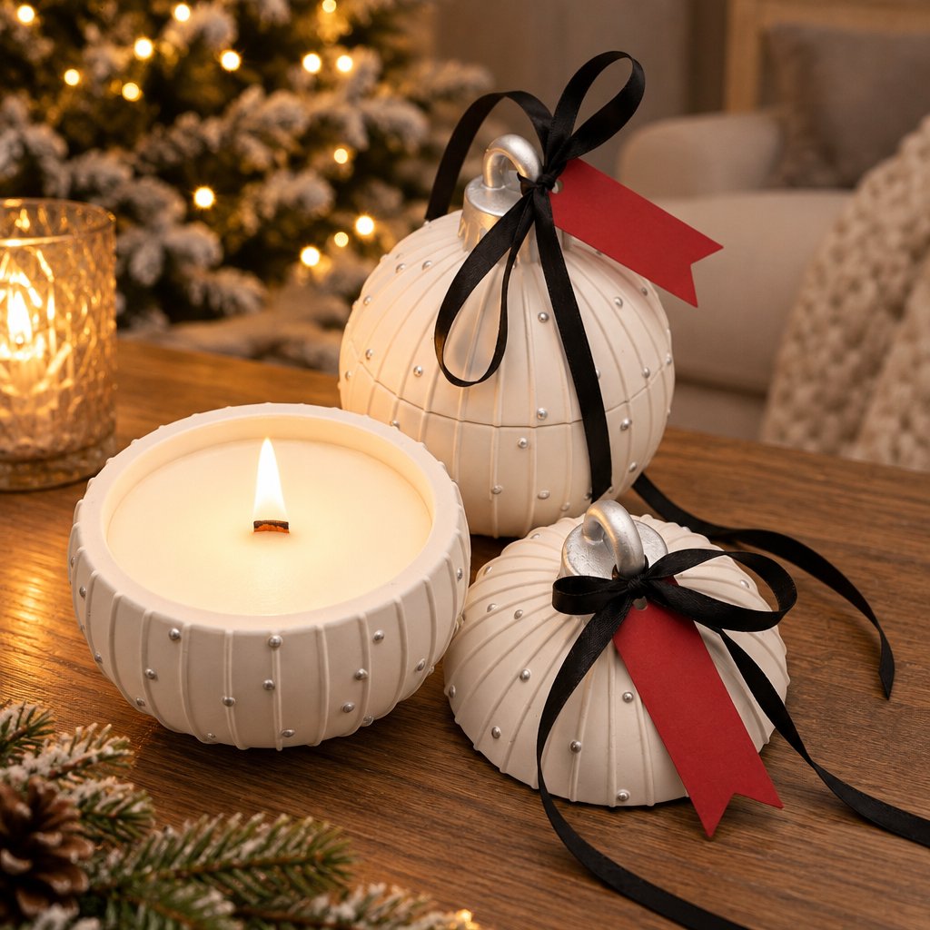 Bougie Christmas Bauble Charming - Blanche / Argent / Magie d'Hiver